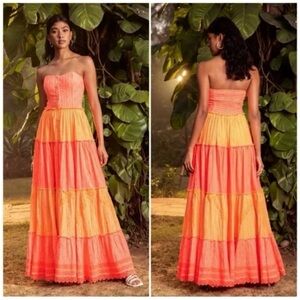 Hemant & Nandita Dayo Bright Pink Orange Tiered Eyelet Convertible Maxi Dress S